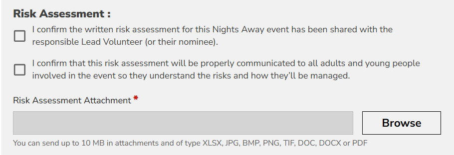 risk assessment confirmation boxes on application form